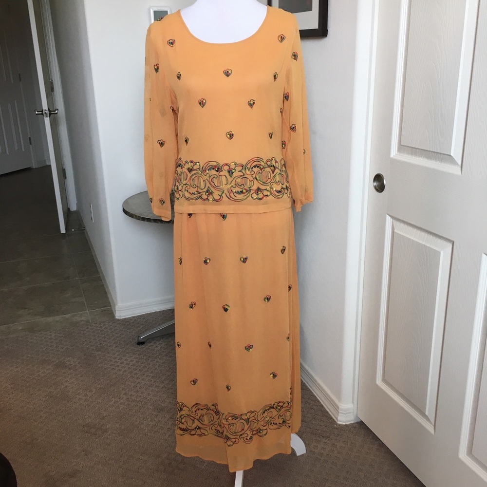 Marisol Goldenrod 2-Piece Scoop Neck Floral Embroidered Maxi Dress, M